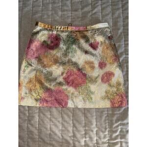 H&M Skirt 8 MINI Metallic Shimmer Muted Floral Pattern Gold Zipper